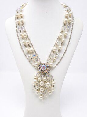 Vintage Multi-Strand Faux Pearl & Aurora Borealis Crystal Statement Necklace